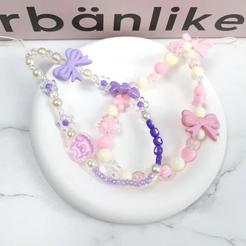 Qfdian 3D Bow Pearl Colorful Bead Handmade Pendant Beaded Phone Landyard Rope Chain Keychain For Iphone Bracelet